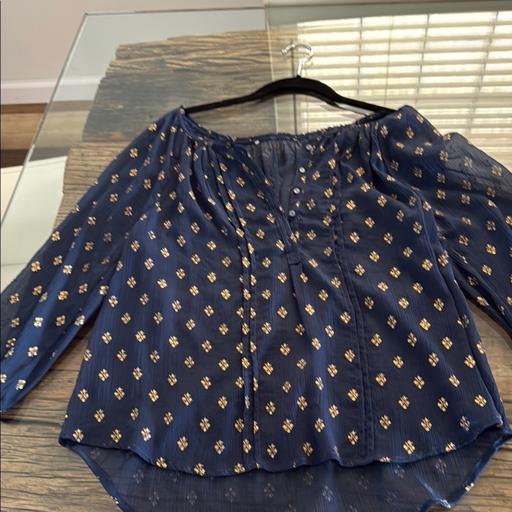 Blue and Gold Smocked 3/4 Sleeve Blouse